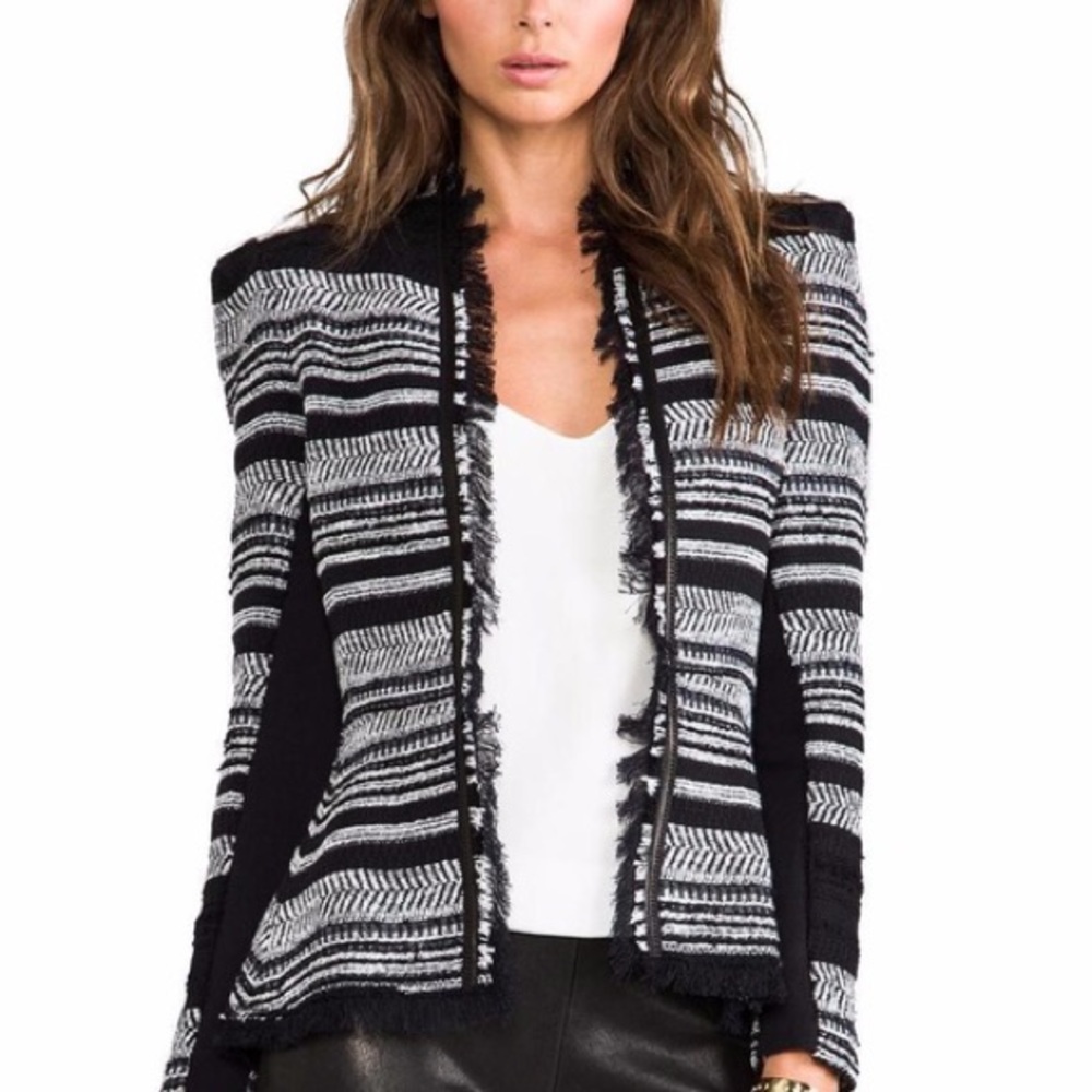 REBECCA TAYLOR Black Stripe Tweed Peplum Jacket